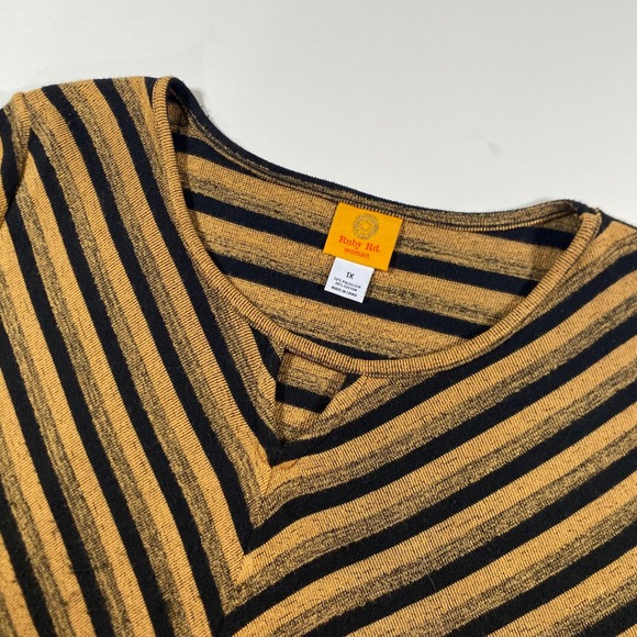 Ruby Rd. Tops - Ruby Rd Woman Mustard Black Striped Chevron Tie Front V-Neck Knit Top 1X Plus